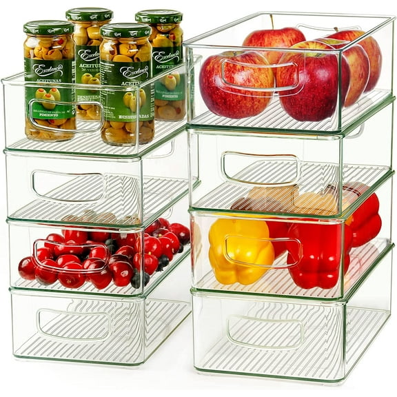 Clear Storage Bins 8 Packs for Refrigerator, 4 Large Stackable Pantry Organizer Bins and 4 Medium Storage Plastic Containers for Home Edit, Kitchen, Freezer, Bathroom, Drawers, Shelves