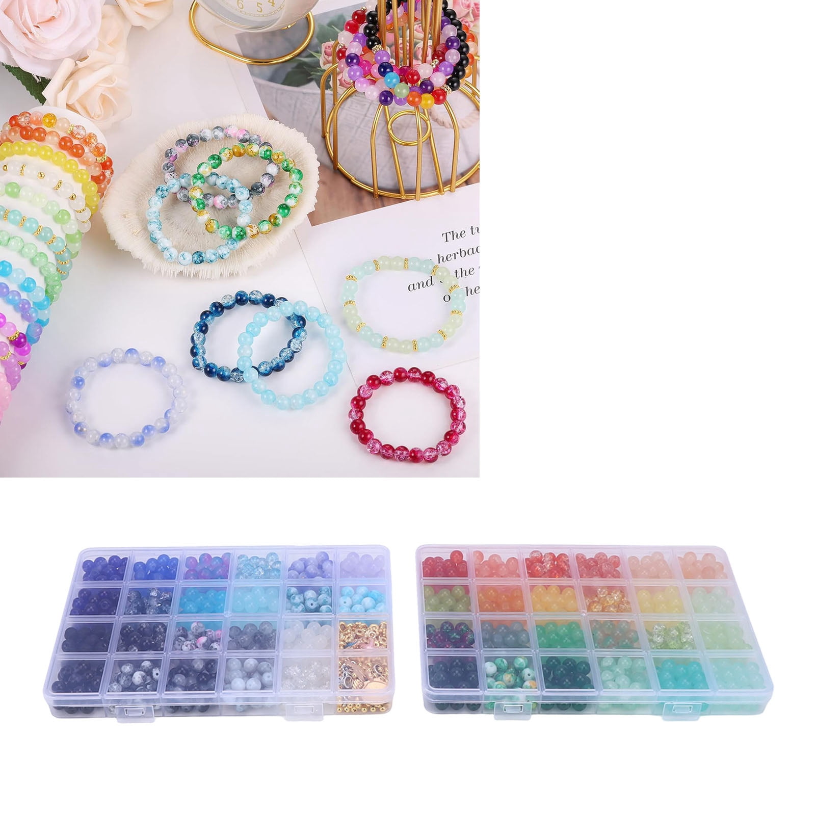 NFTIGB 1190Pcs Beading Craft Supplies 48 Colors Crackle Round Beads for Bracelet Jewelry Making Earrings Necklace Kits 8mm Spacer Charms Style 4