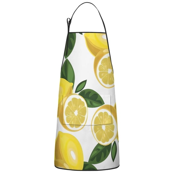 Yellow Lemon Fruit Slices White Pattern Apron-Garden Aprons for Women with Pockets-Cotton Linen Waterproof Kitchen Cooking Gardening Aprons Adjustable for Kitchen,Cooking,BBQ and Salon 33x27 Inch
