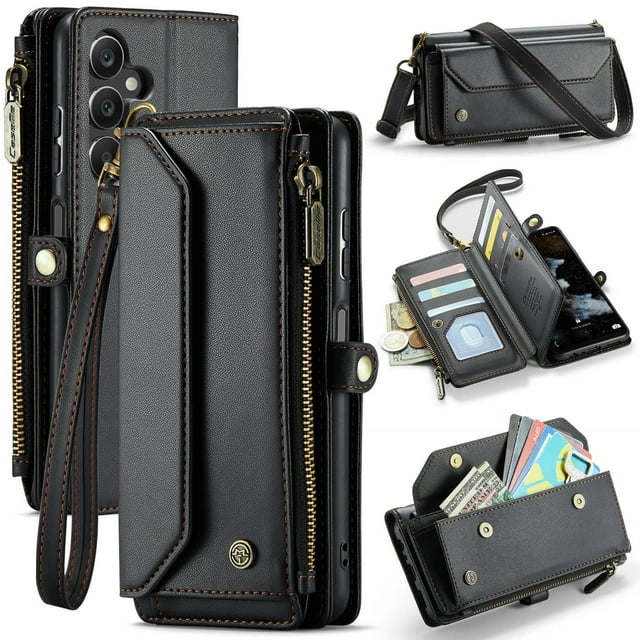 Funda tipo cartera para Samsung Galaxy A16 con bloqueo RFID, tarjetero, cremallera y ranura para billetes, correa de hombro magnética de piel sintética suave para Samsung Galaxy A16