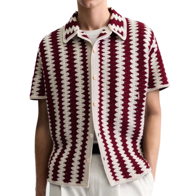 Blusa y camisa de manga corta con cuello vuelto Camisa de punto a rayas para hombre con flores de crochet Mangas cortas Ropa exterior de verano ahuecada Top/camisa de manga corta con cuello vuelto Top