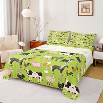 Homewish Cute Farm Animal Twin Sheet Sets for Kids, Sheep Pig Cow Horse Twin Fitted Sheet, Green Cartoon Theme Flat Sheet, Super Cozy Room Decor, 3 Pieces