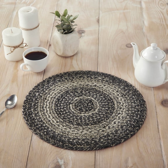 VHC Brands Sawyer Mill Black Farmhouse 15 in Trivet Textured Jute Striped Round Kitchen Table Decor