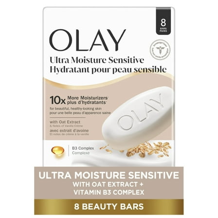Olay Ultra Moisture Sensitive Beauty Bar with Oat Extract and Notes of Vanilla Creme 3.17 oz, 8 Count