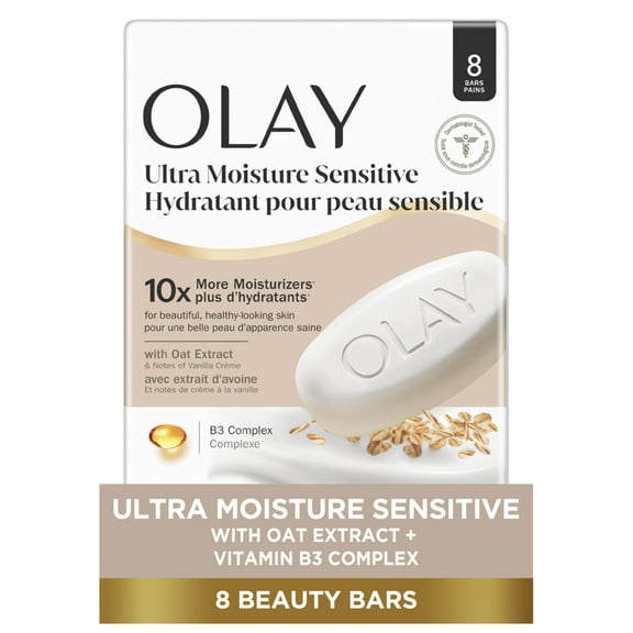 Olay Ultra Moisture Sensitive Beauty Bar with Oat Extract and Notes of Vanilla Creme 3.17 oz, 8 Count