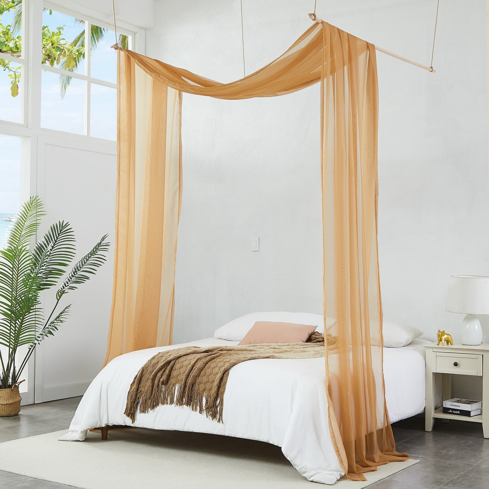 Warm Home Designs Set of 2 White & Gold Canopy Bed Curtains in 55 x 216 Inch Size. BE White & Gold 216