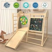 Kidsbuddy 9-in-1 Indoor Jungle Gym, Indoor Playground for Kids, Gym Equipment, Wooden Climber Set with Swing, Slide, Monkey Bars,Climbing Neting&Ladder, Dart Board(Car Pattern With Side Ladder)
