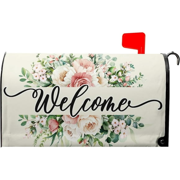 Welcome Spring Mailbox Covers Magnetic Standard Size 18"x21" Spring Blooming Flowers Wreath Mailbox Wraps Spring Summer Flowers Mailbox Cover Post Letter Box Cover Decor for Home Garden Yard