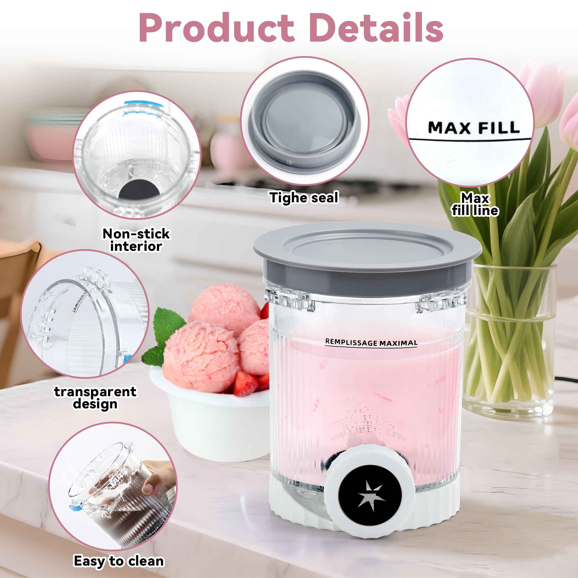 Replacement Containers 2-Pack Compatible with Ninja Swirl by CREAMi Ice Cream Soft Serve Maker NC701, Accessories for NinjaNC700 Series Ice Cream Maker，BPA-Free & Dishwasher Safe，Grey Lids