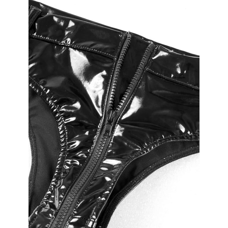 IEFIEL Womens Shiny Latex Underwear O Ring Zipper Crotch Low Waist Briefs  Lingerie Black XL