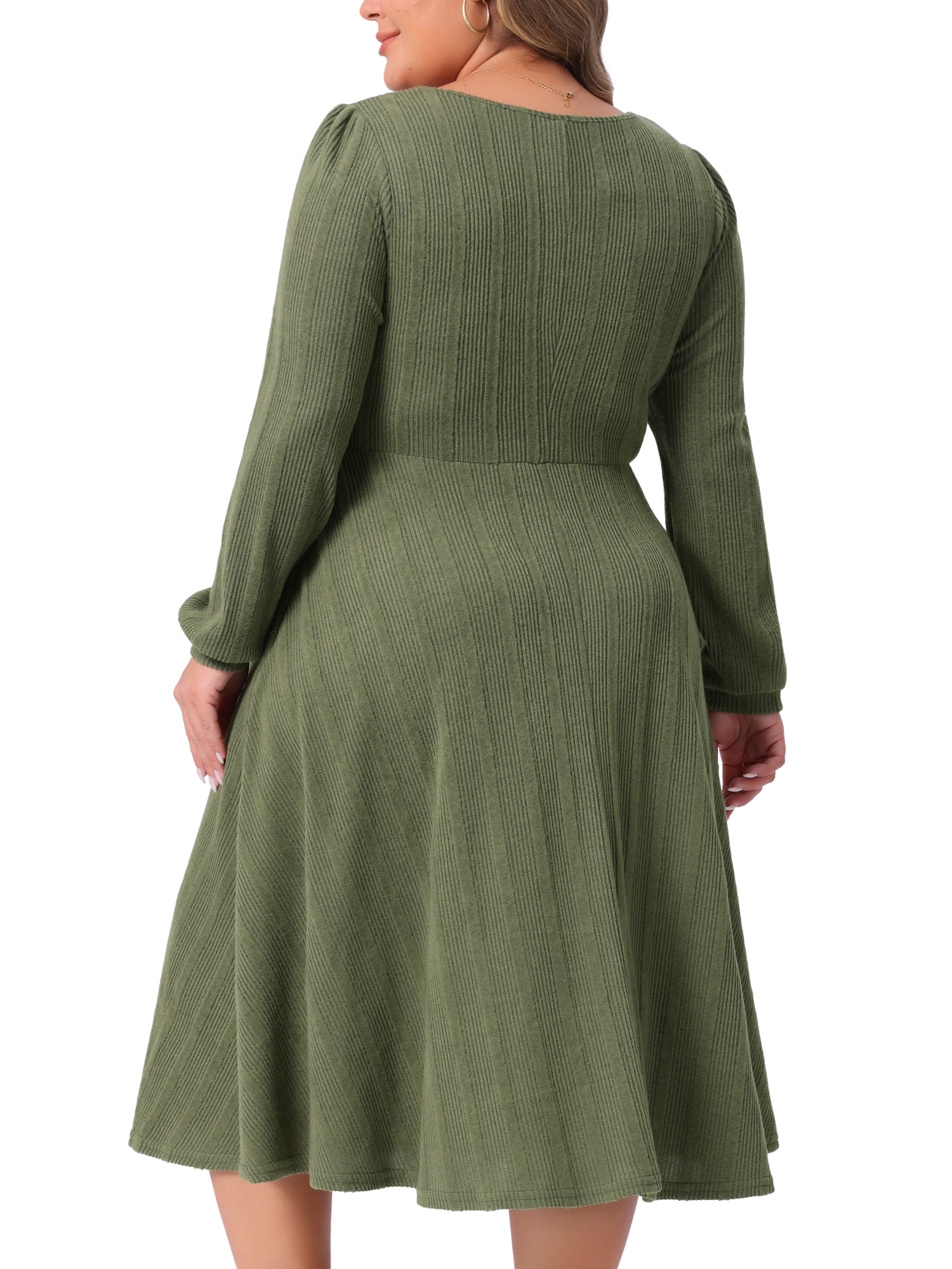 DARING DIVA Plus Size Knit Long Sleeve A Line Midi Pockets Dress 3X Army Green