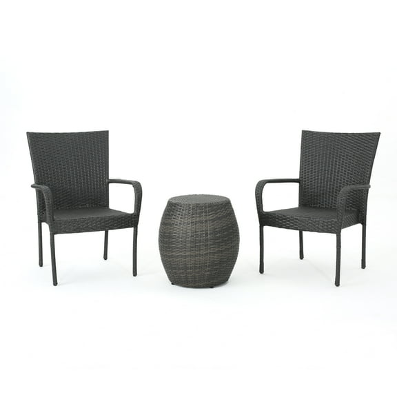 GDF Studio Rousseau Outdoor Wicker 3 Piece Chair Chat Set, Gray