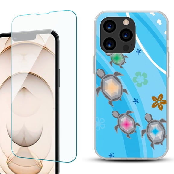 Slim-Fit Anti-Scratch Gel TPU Phone Case for iPhone 13 Pro, with Tempered Glass Screen Protector, by OneToughShield ® - Happy Turtle
