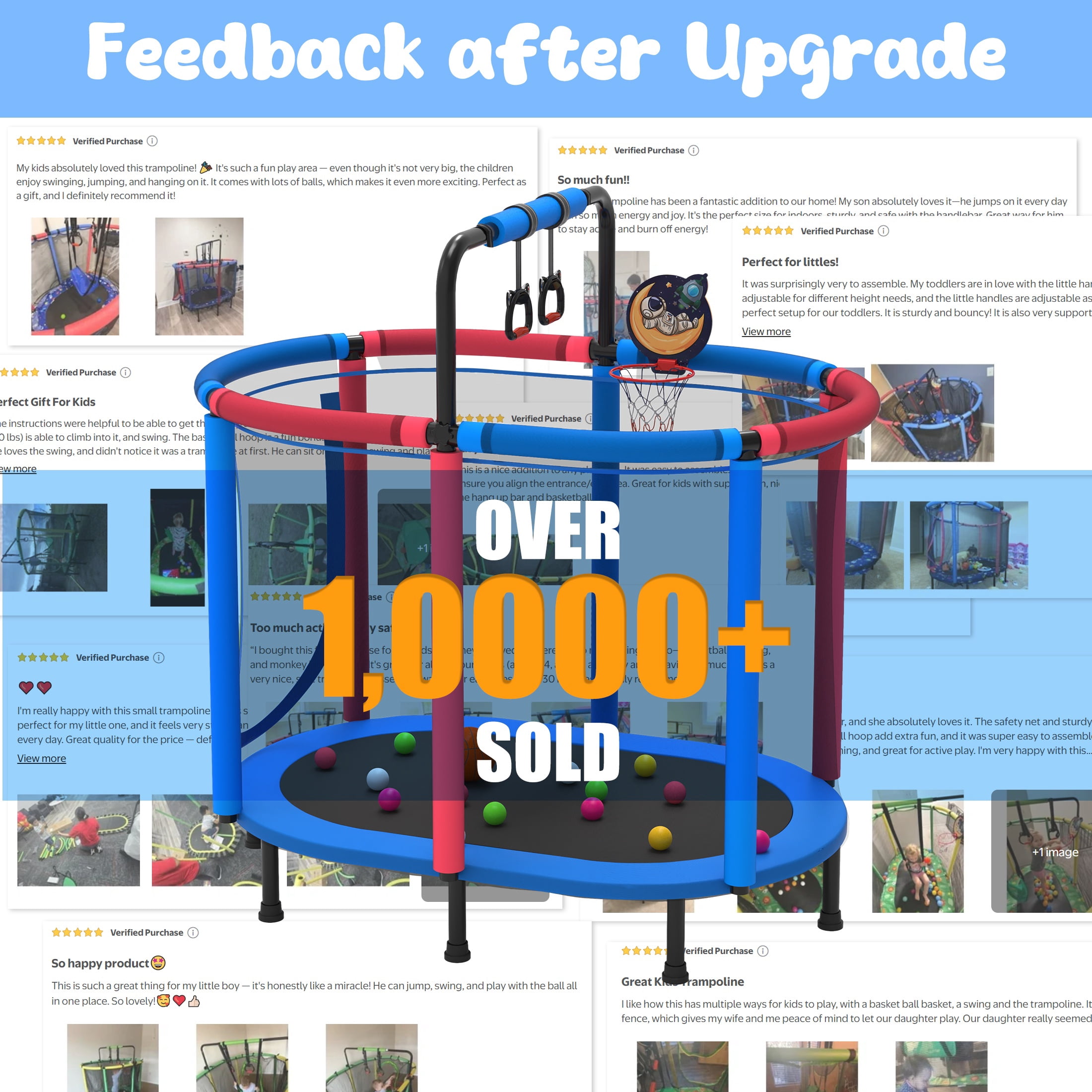 60" Trampoline for Kids with Basketball Hoop, SHINPT Recreational Trampolines with Safety Enclosure Net, Mini Outdoor Trampoline with Adjustable Gymnastics Bar, Easy Assembly, Outdoor, Indoor