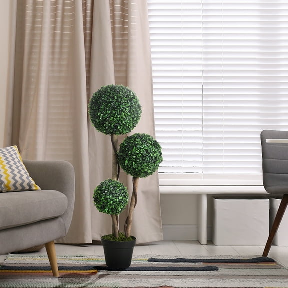 HOMCOM 35.5" Artificial Plant for Home Decor Indoor & Outdoor Fake Plant Artificial Tree in Pot, Ball Boxwood Topiary Tree, Dark Green