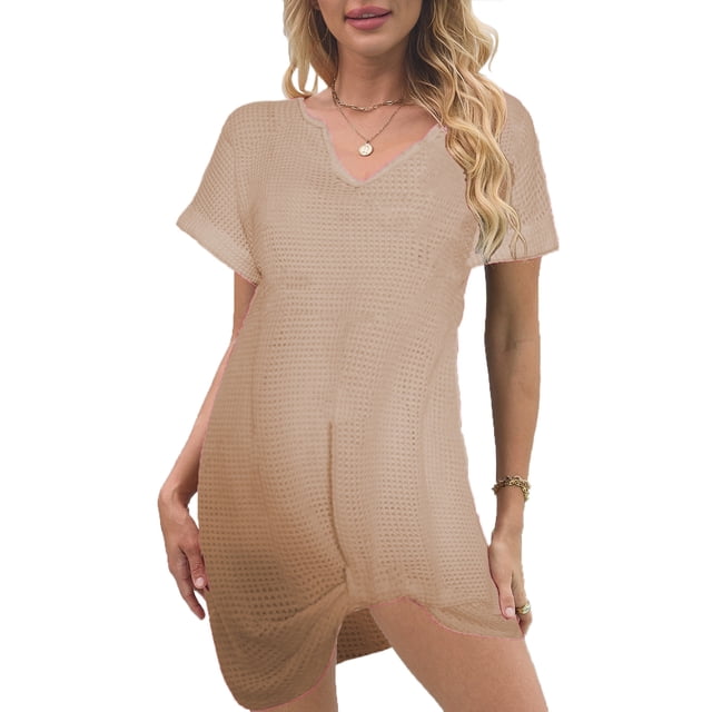 Vestido de punto para mujer - Vestido corto de playa con cuello en V y manga corta para piscina/fiesta en la playa