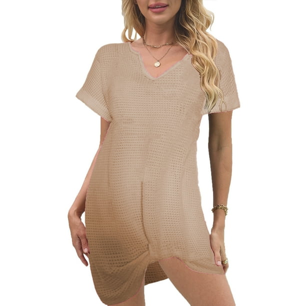 Vestido de punto para mujer - Vestido corto de playa con cuello en V y manga corta para piscina/fiesta en la playa