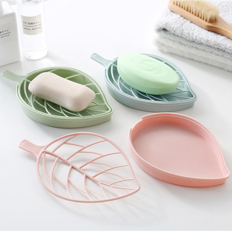 US Portable Soap Dishes Plastic Double Layers Leaf-Shaped Soap Case Holder Home
