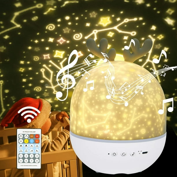 (1 paquete de ciervo) Lámpara de proyector de estrellas con luz nocturna para niños, luz nocturna musical giratoria de 360° + temporizador + control remoto + 6 colores, luz nocturna LED de cielo estre