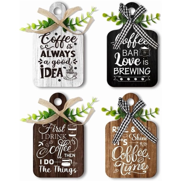 PH 4pcs Coffee Sign Coffee Bar Decor Wooden Sign for Coffee Station Coffee Table Sign Rustic Style Mini Wood Plaque for Coffee Wall Art Coffee Lover Home Kitchen Accessories 5.9x3.5" Multi-color
