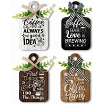 PH 4pcs Coffee Sign Coffee Bar Decor Wooden Sign for Coffee Station Coffee Table Sign Rustic Style Mini Wood Plaque for Coffee Wall Art Coffee Lover Home Kitchen Accessories 5.9x3.5" Multi-color
