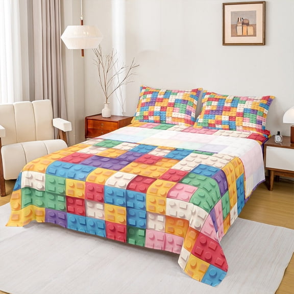 jejeloiu 3D Games Full Size Sheets,Building Blocks Bed Sheets,Colorful Toy Brick Sheet Sets For Boys Girls,Luxury Bedroom Decor,4-Piece