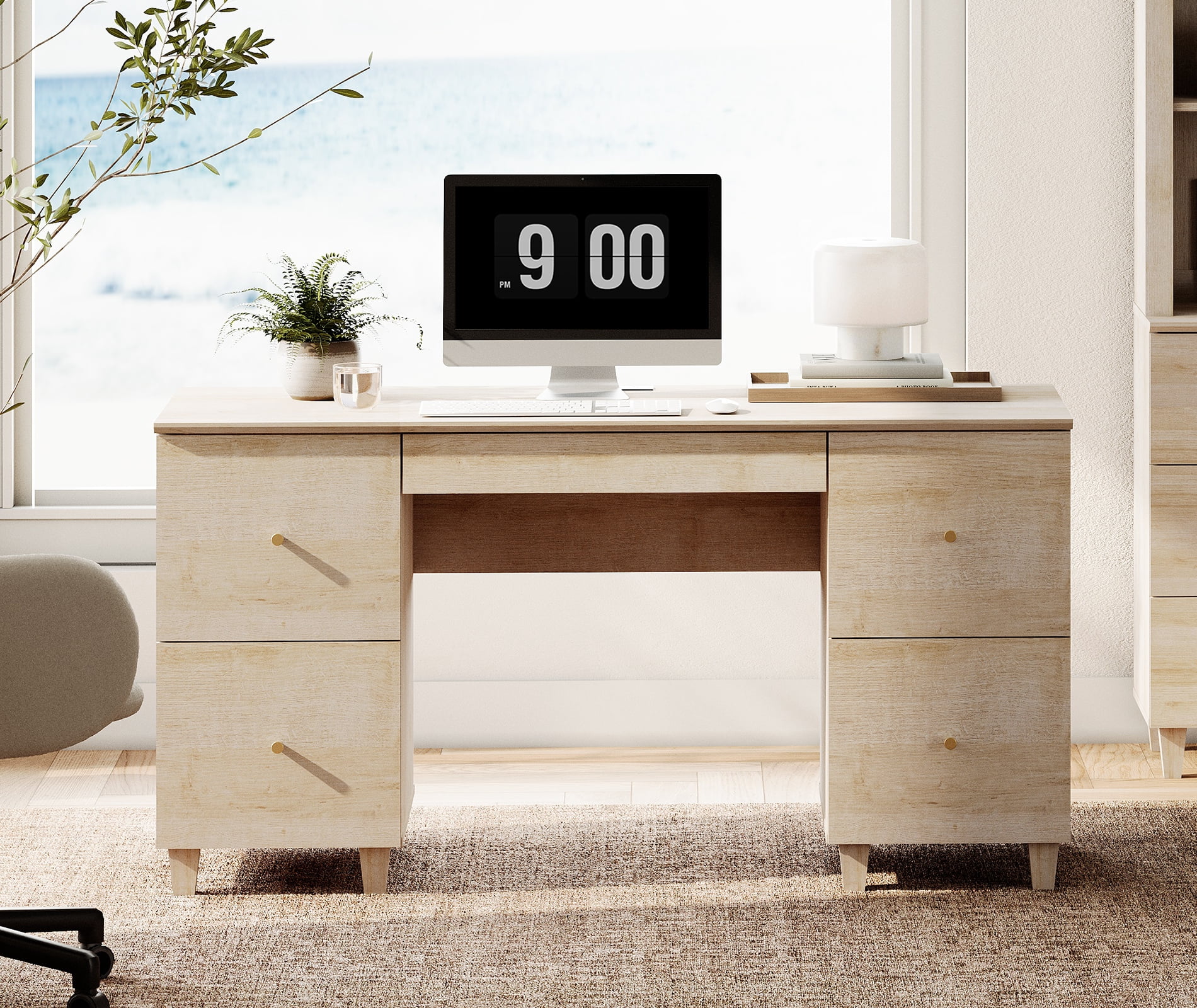 58" Executive Desk with 5 Drawers, Modern Farmhouse Home Office Computer Table with Charging Station, Light Oak
