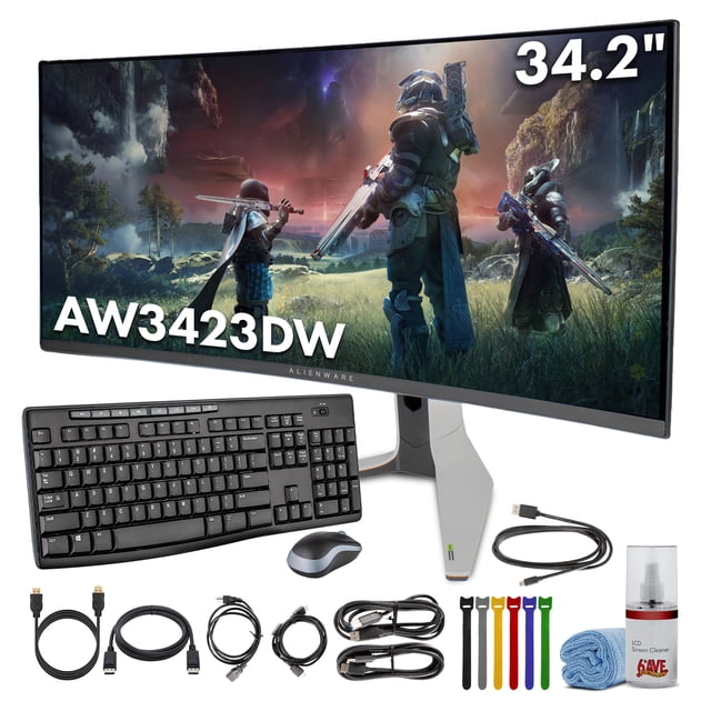 Alienware AW3423DW Moniteur de Jeu pour PC Incurvé de 34 Pouces, Résolution 3440 x 1440p, Courbure 1800R, Quantum Dot OLED 175Hz, Vrai 1ms GTG, Rapport de Contraste 1 000 000:1 - Ensemble Lumière Lunaire
