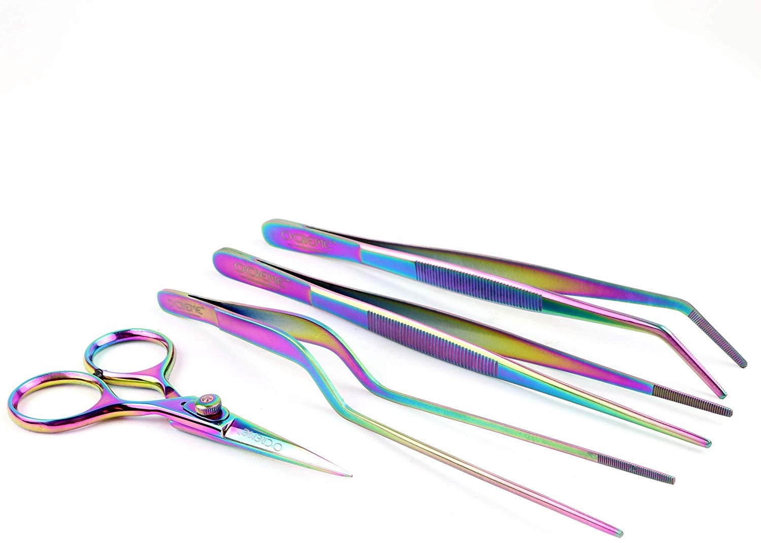 O'Creme Set of Culinary Tweezer Tongs 8 Inch Straight, 8 Inch Offset and 8 Inch Curved, Plus Super Sharp Chef Scissors, Total 4 Pieces Multicolored