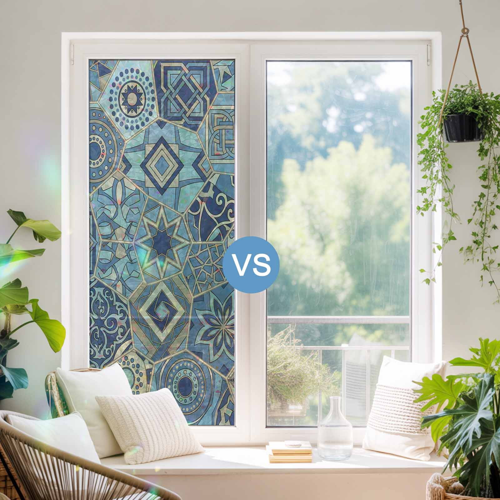 Boho Geometric Window Privacy Film Stain Glass,Reusable Decorative Rainbow Window Film,Country Tribe Abstract Ethnic Aesthetic Static Cling Sun Blocking Stickers Decals Covers 23.6" x 78.7" (2pcs)