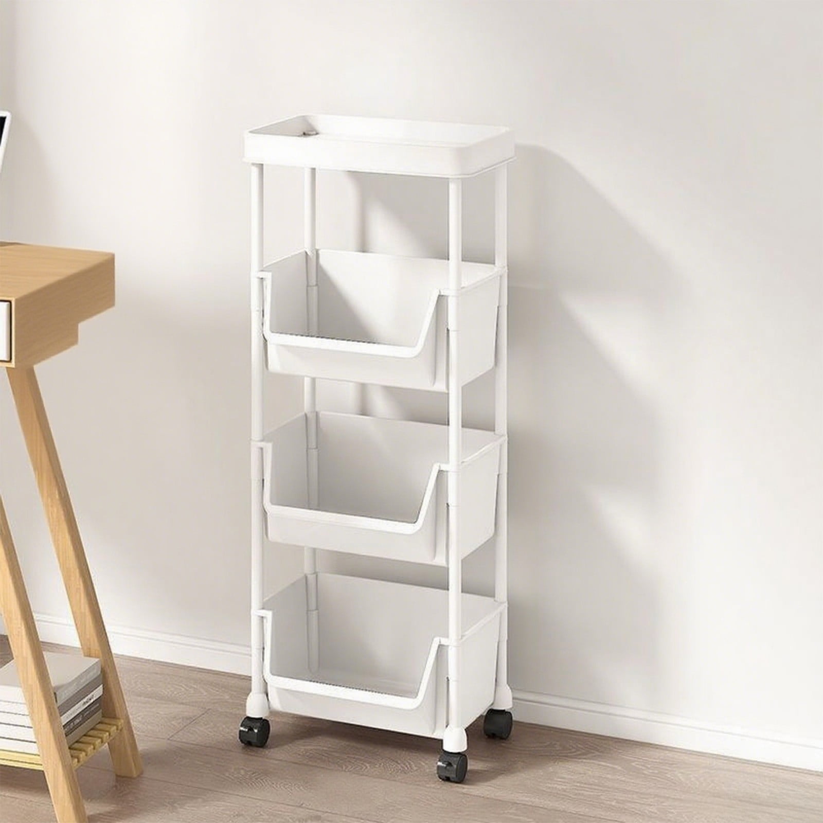 Plastic Storage Shelf Multi-Tier Plastic Storage Shelf with Wheels Movable Organization Rack for Living Room Bedroom Kitchen Bathroom Home Storage Solution with Hooks and Heavy Duty Frame