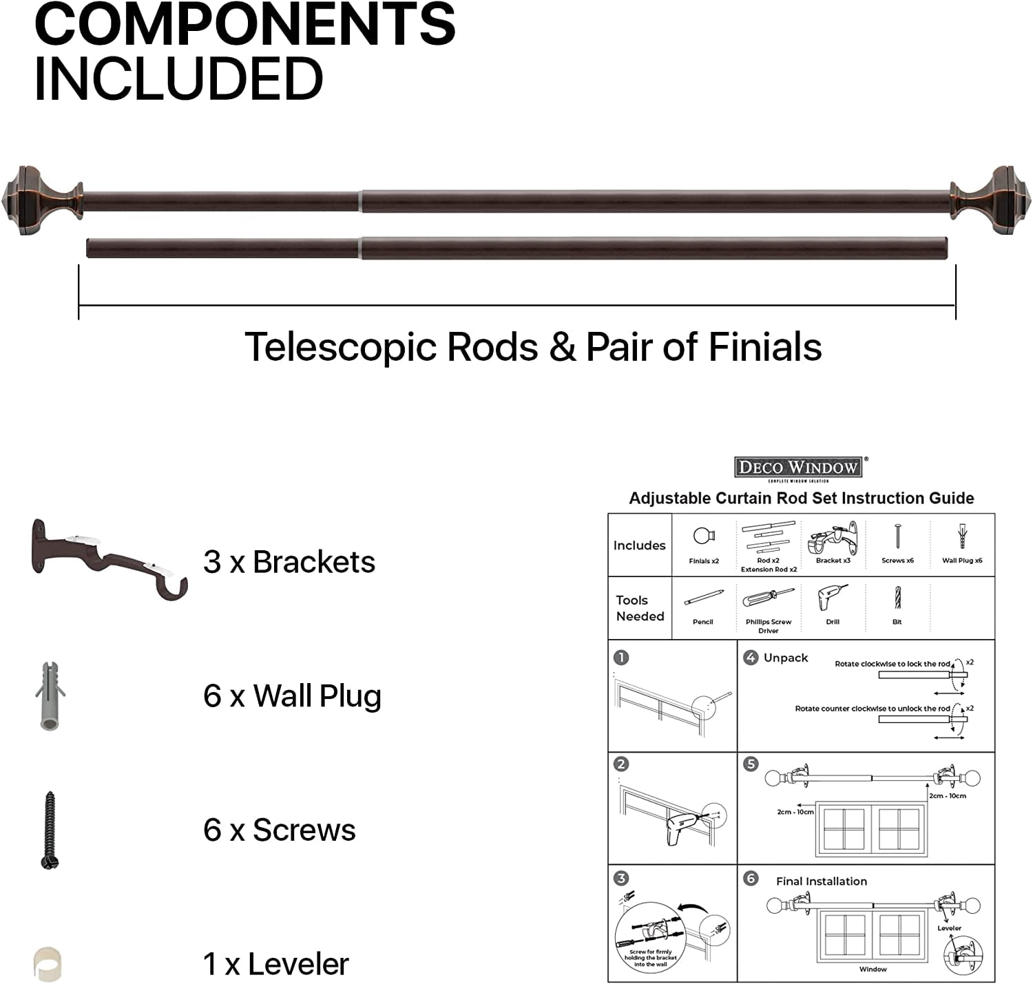 Deco Window 1 Pc 36 -66 Extendable Double Curtain Rod for Windows With Hexagon Finials (19mm Diameter, Brown)
