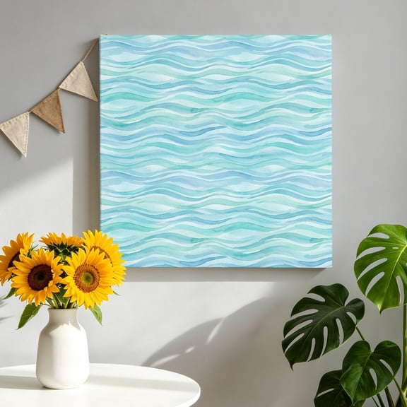 Canvas Wall Art Summer Ocean Canvas Art Print Abstract Teal Green Gradient Waves Watercolor Pictures Wall Decor for Living Room Bedroom Artwork Decorations Stretched Framed Ready to Hang 16"x16"