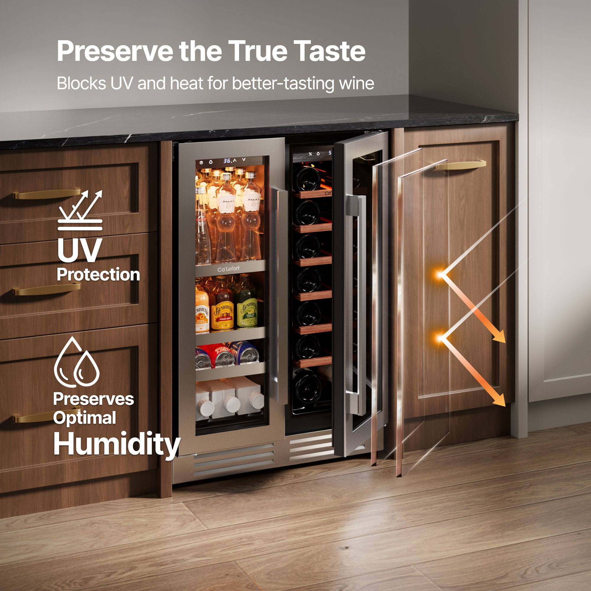 Ca'Lefort 24 inch Wine and Beverage Refrigerator, Hold 60 Cans and 21 Bottles Dual Zone Wine Fridge with Glass French Door, Built-in or Freestanding