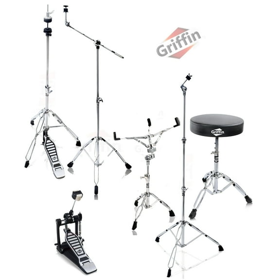 Griffin Drum Hardware Pack 6 Piece Complete Set Kit with Snare Stand, Hi-Hat Stand, Cymbal Boom Stand, Throne Stool & Single Kick Drum Pedal - Portable & Perfect for Gigs