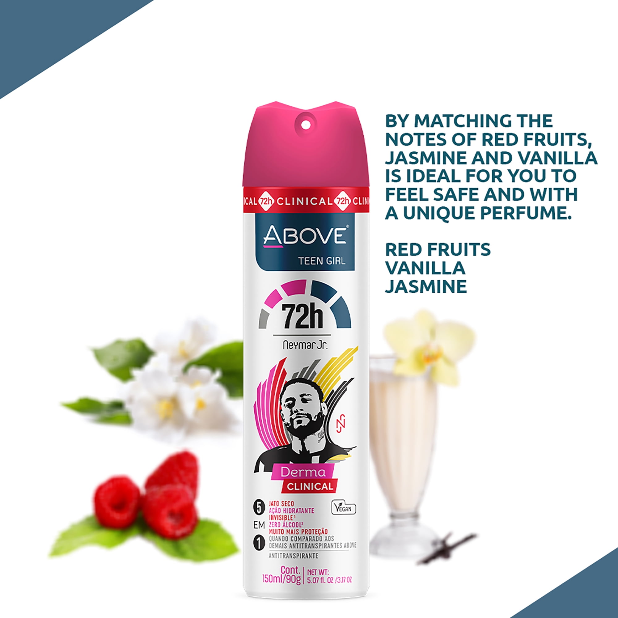 ABOVE Neymar Jr Teen Girl - 72 Hours Derma Clinical Antiperspirant Deodorant Spray - Notes of Red Fruits, Vanilla, and Fig Leaves - Moisturizing Action - Protects Underarms - 4 pc Set