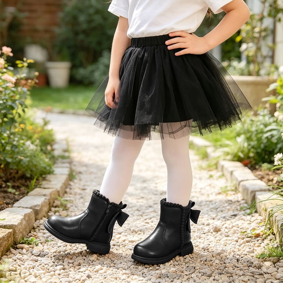 Ankle Boots for Girls Cute Bow Zip up RIding Boots Low Heel PU Leather Kids Short Booties Walking Shoes