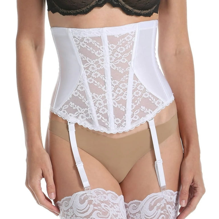 Va Bien WHITE Lace Hourglass Waist Cincher with Garters, US Small