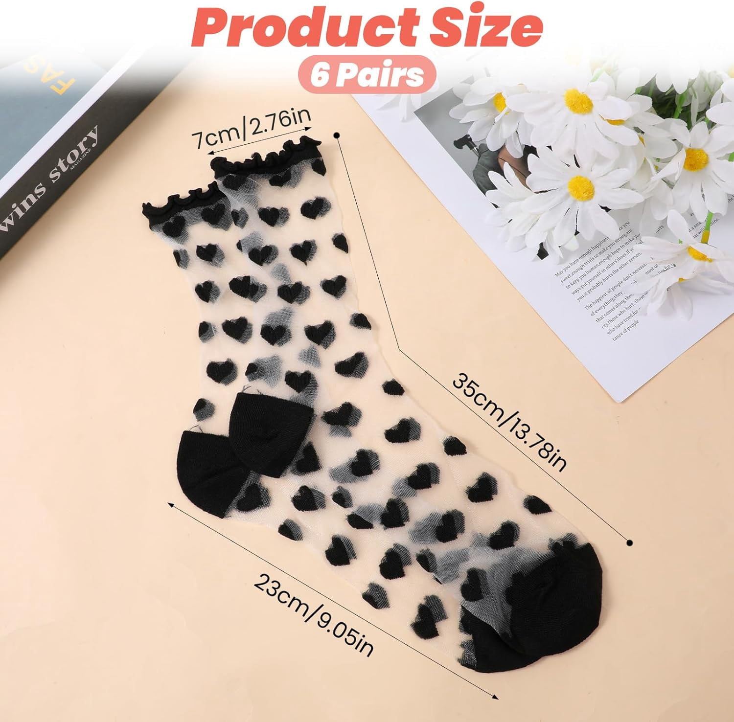 6 Pairs Women Sheer Lace Heart Ankle Socks Mesh Nylon Ruffle Socks with 6 Pairs Self-Adhesive Heel Grips Pads for Loose Shoes