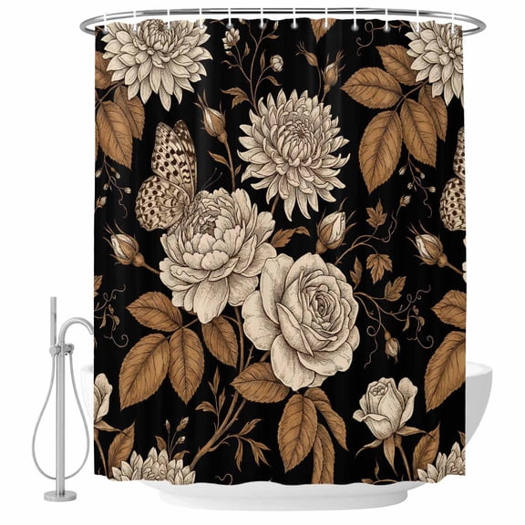 Black Flower Shower Curtain Set - Extra Long 72" x 96" Washable Bathtub Curtain with 12 Hooks, Vintage Roses Botanical Rustic Blossom Waterproof Fabric Stall Shower Curtains for Bathroom Décor