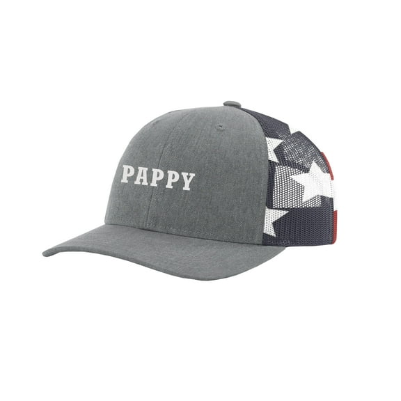 Men's Pappy Father's Day Custom Embroidered Mesh Back Trucker Hat, Heather Grey/American Flag