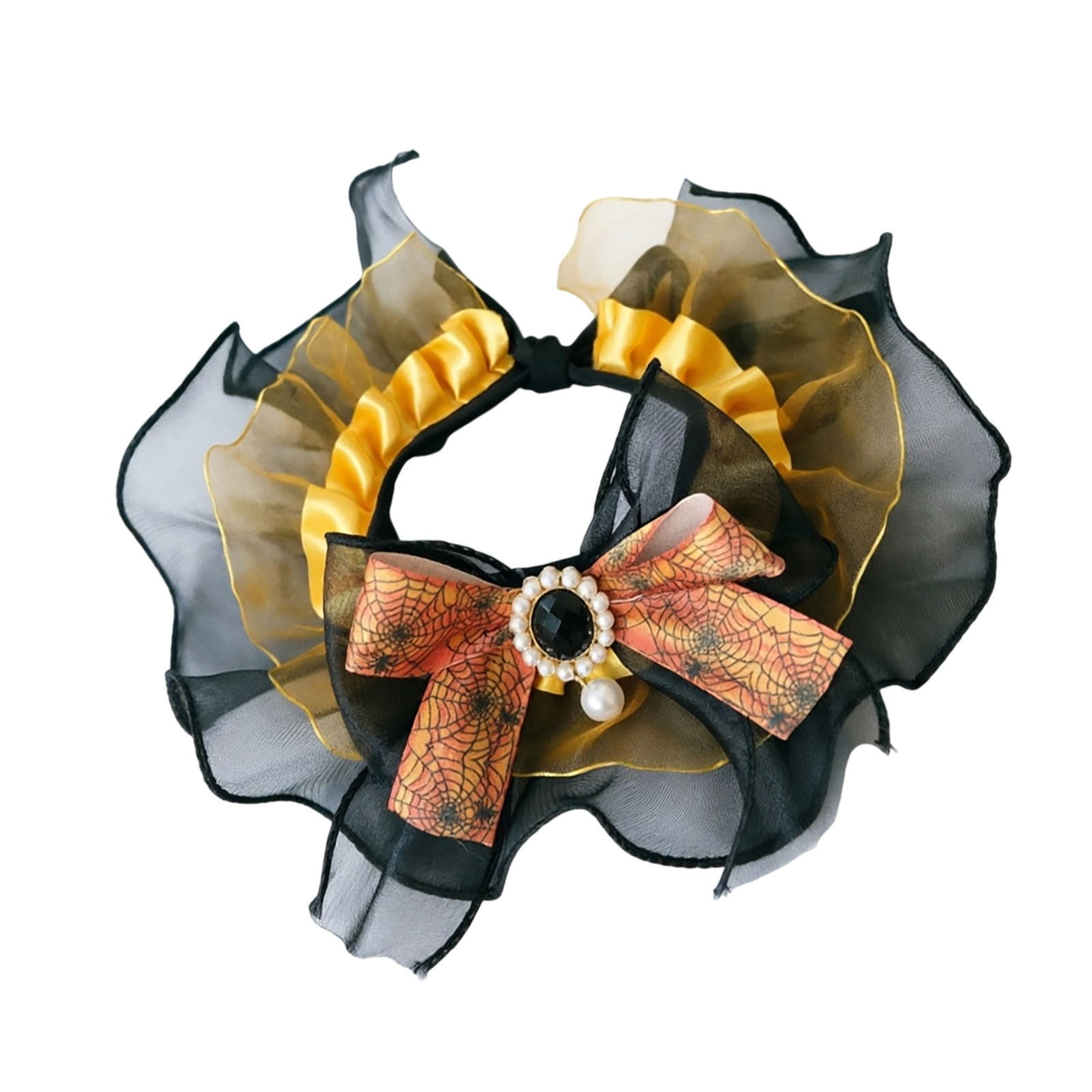 Halloween Pet Ruffle Collar Adjustable Elastic Bow Tie with Pearl Gem Gothic Lace Neck Bandana for Cats Small Dogs Trick or Treat Party Photo