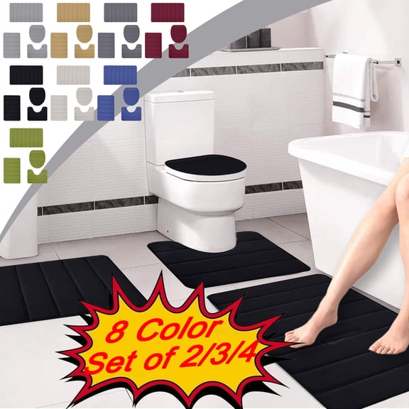 KOYPTL Set of 3 Bath Mat for Bathroom Soft Absorbent Bathroom Rug with Non Slip Backing Machine Washable Solid Color Bath Rugs for Bath Home Decor (2*Toilet Shower Rug U Shape Rug) Black