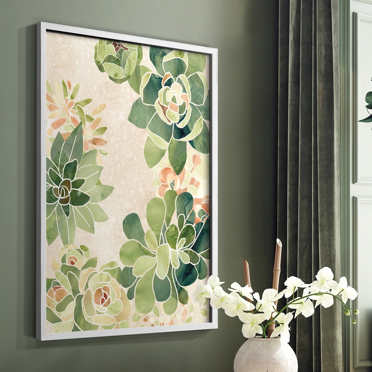 Stained Glass Succulents II Framed Print in White Solid Wood Framed Print No Nail Hanging