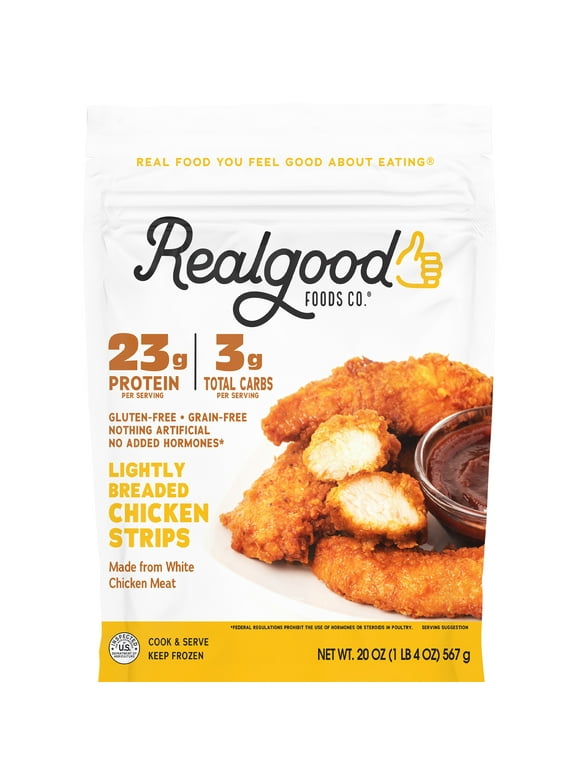 Realgood Foods Co. Lightly Breaded Chicken Breast Strips, Gluten-Free, 20 oz Regular Bag (Frozen)