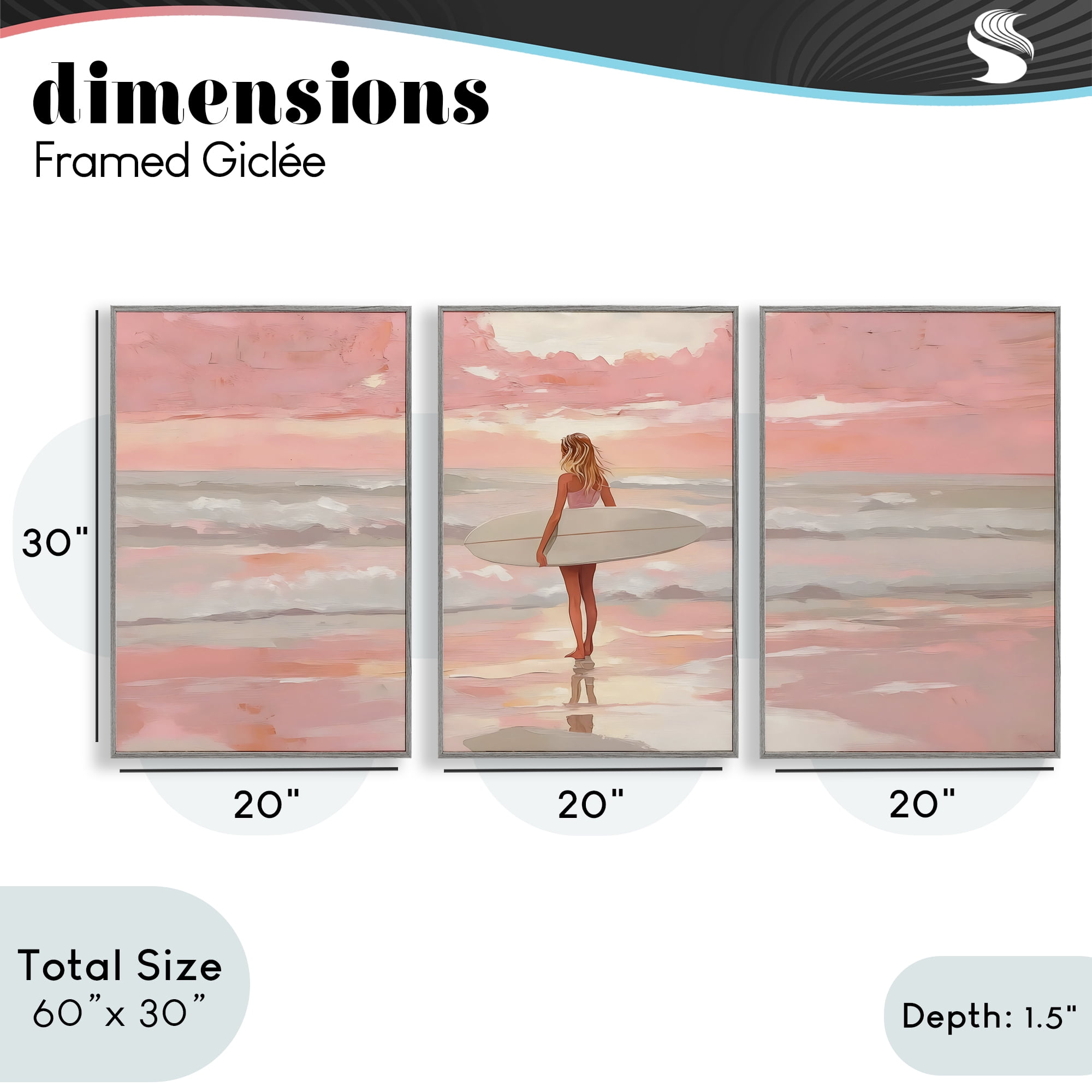Stupell Industries Pink Sky Surfer Sunrise 3 Piece Gray Framed Giclee Art Set, design by LSR Design Studio