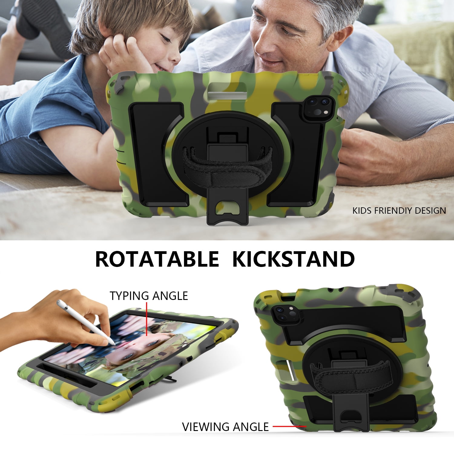 Allytech iPad Air 5 4 10.9 Case 2022/2020, Heavy Duty Shockproof Kids Case with Pencil Holder Hand Strap Kickstand Shoulder Strap for Apple iPad Air 5th 4th Generation 10.9 Inch -Camougflage