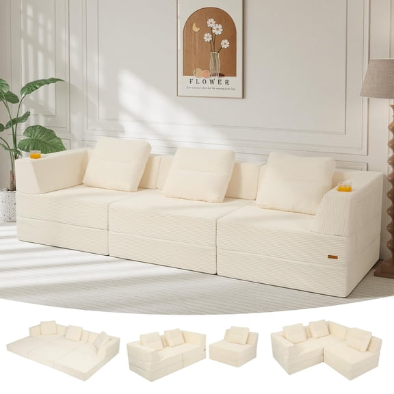 COMAX Futon Sofa Bed 3 Seater, 106" Convertible Sofa Bed Couches for Living Room, 4 in 1 Folding Boneless Sleeper Corduroy Couch Foam In a Box, Comfy Foldable Lounge Fold Out Floor Mattress, Beige