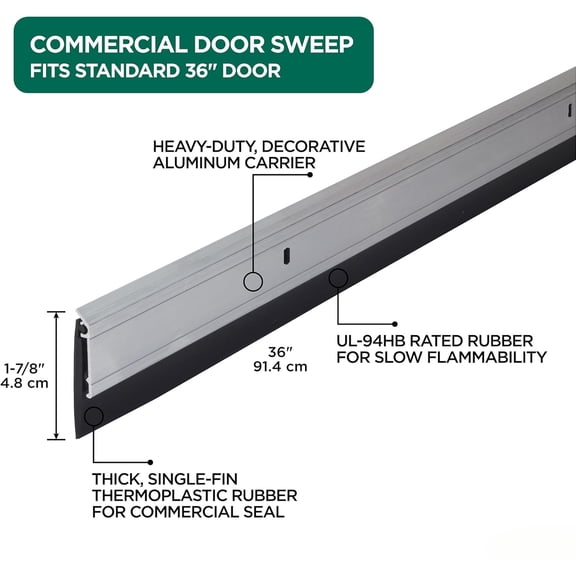 36" All-Season Door Sweep, Heavy Duty Aluminum with Rubber Seal, Easy Install, Blocks Drafts, Noise & Pests, Ideal for Residential & Commercial Doors, Silver
