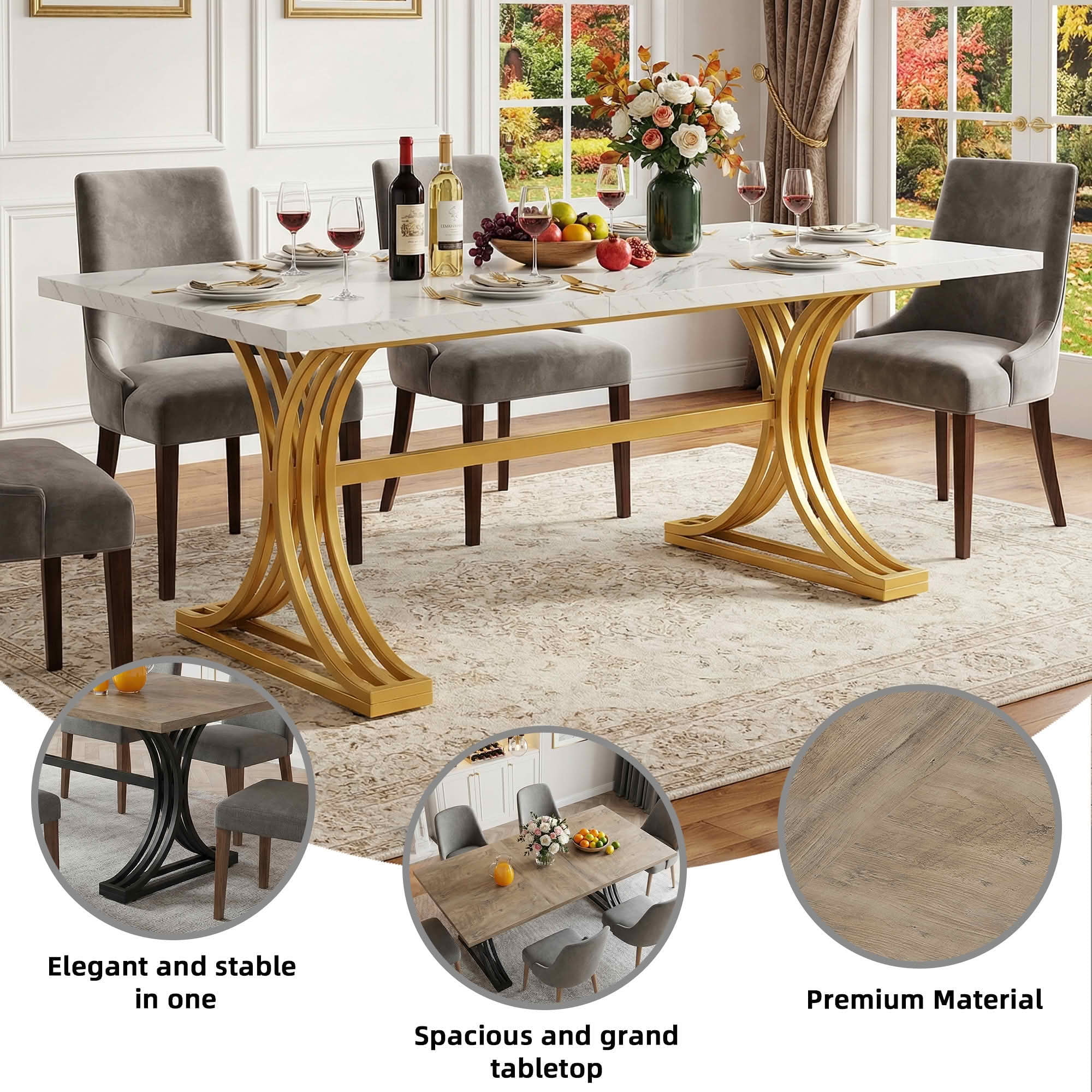 MAYEERTY 63" Modern Rectangular Dining Table, Gray Faux Marble Tabletop, Half-Moon Black Metal Legs with Anti-Scratch Foot Pads